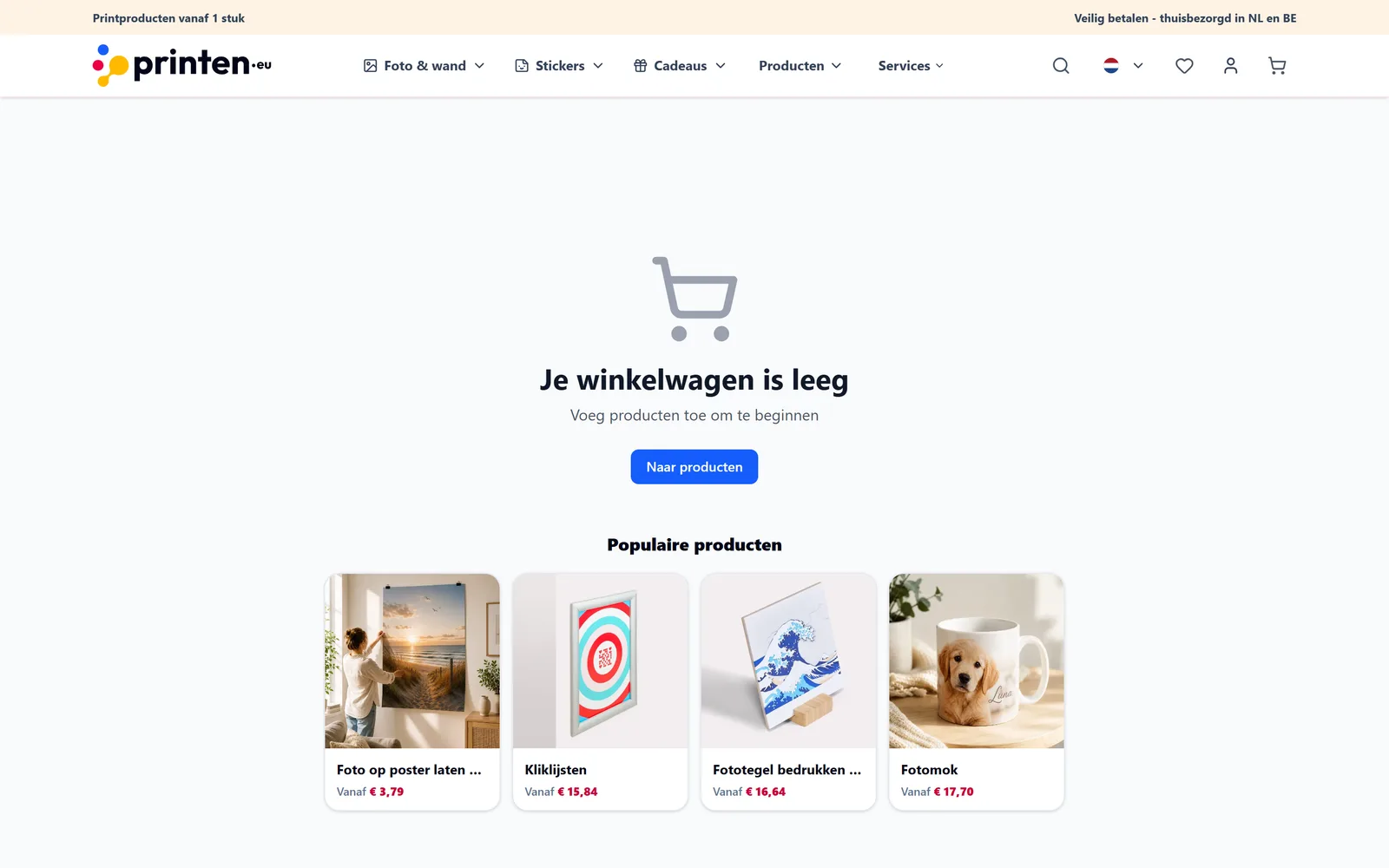The shopping cart page with a clear call to action and a row of popular product suggestions