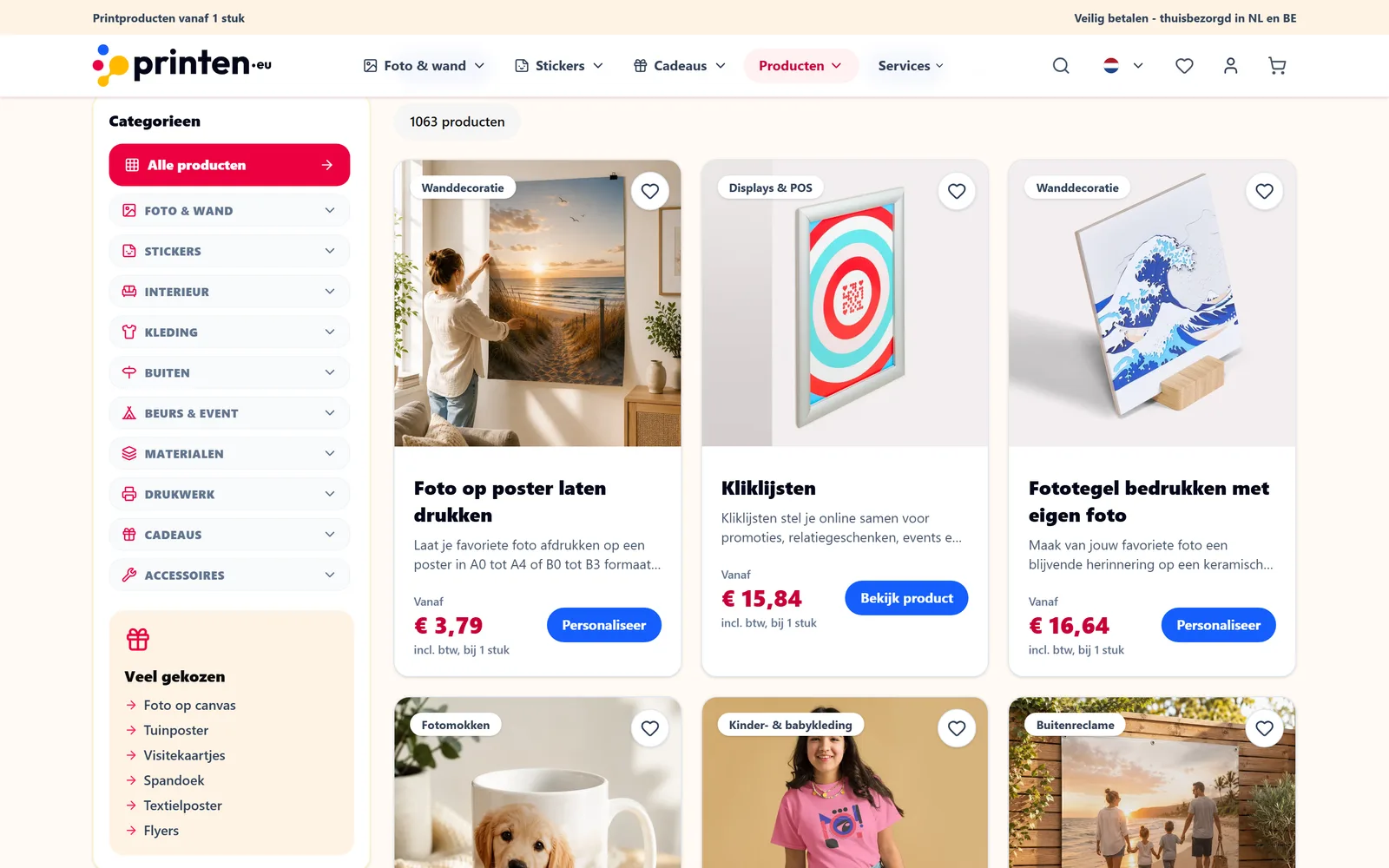 The product catalogue with a collapsible category sidebar and product cards showing prices from