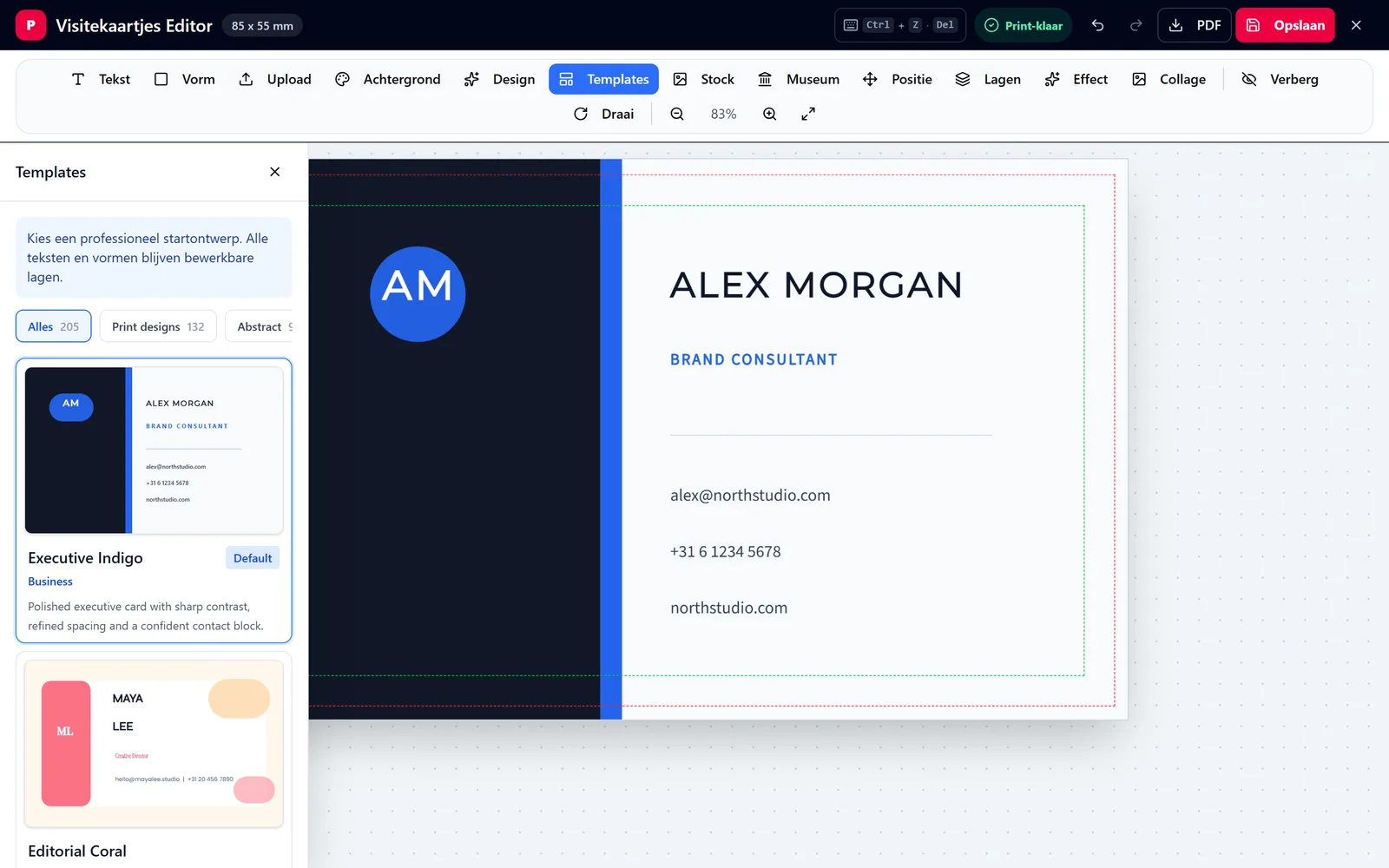 The design editor with a canvas, tool panel and print guides visible