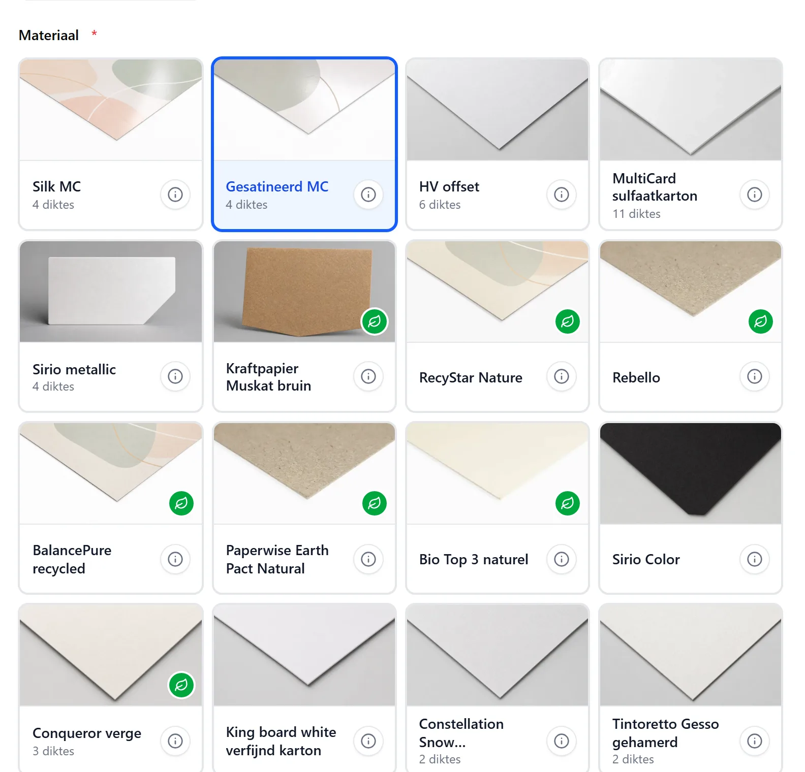 The material picker showing a close-up photograph of every paper stock rather than a list of names