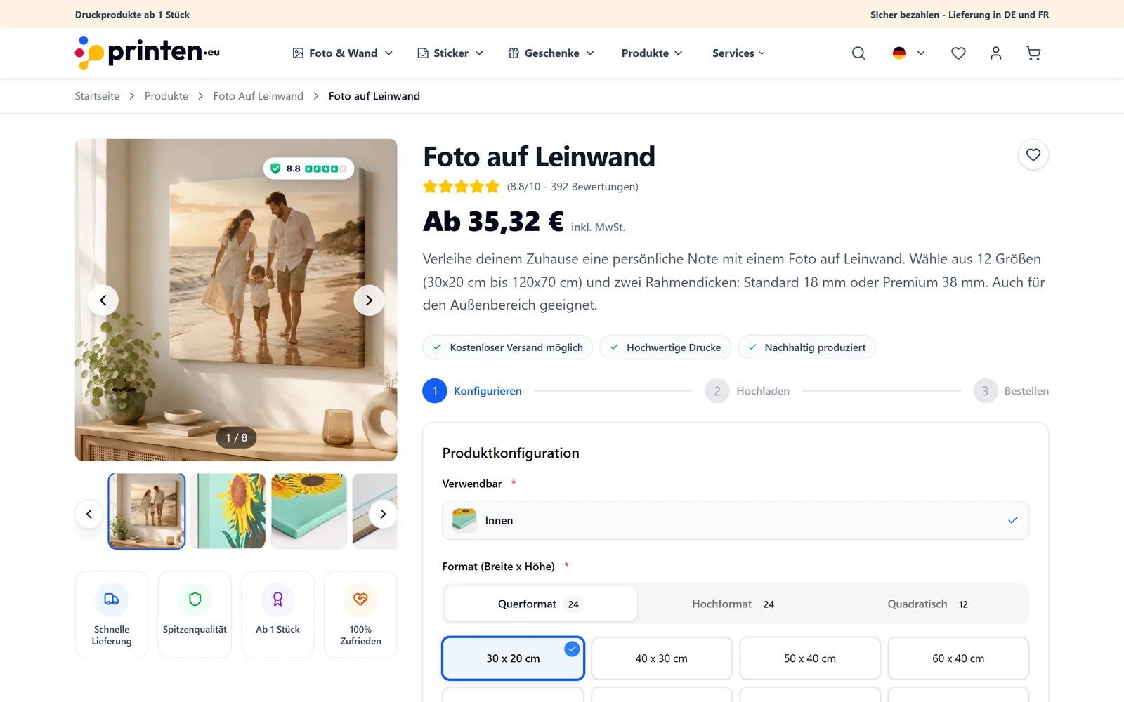 The same product page served in German at a translated URL, with translated options and content