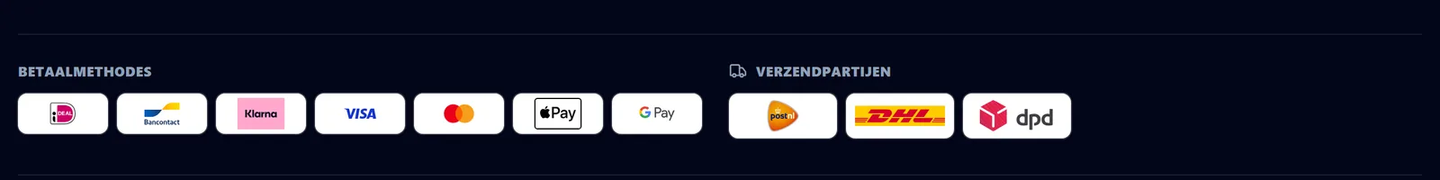 The payment and carrier logos on the storefront: iDEAL, Bancontact, Klarna, Visa, Mastercard, Apple Pay, Google Pay, PostNL, DHL and DPD