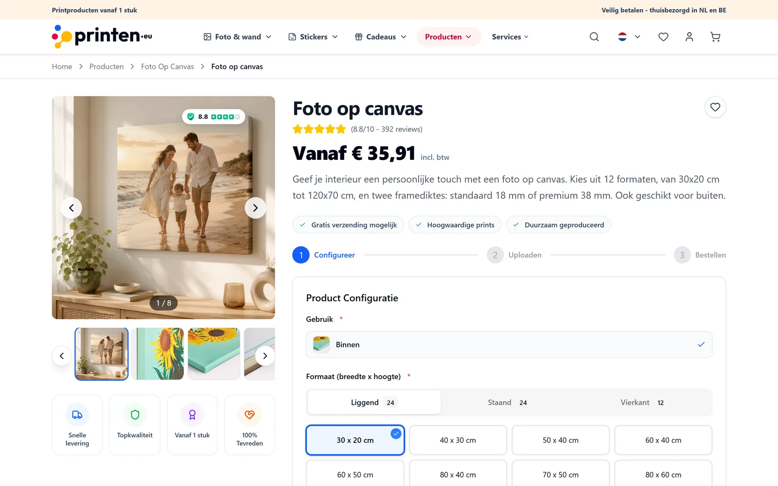 A product page on printen.eu with the image gallery, price and configurator side by side
