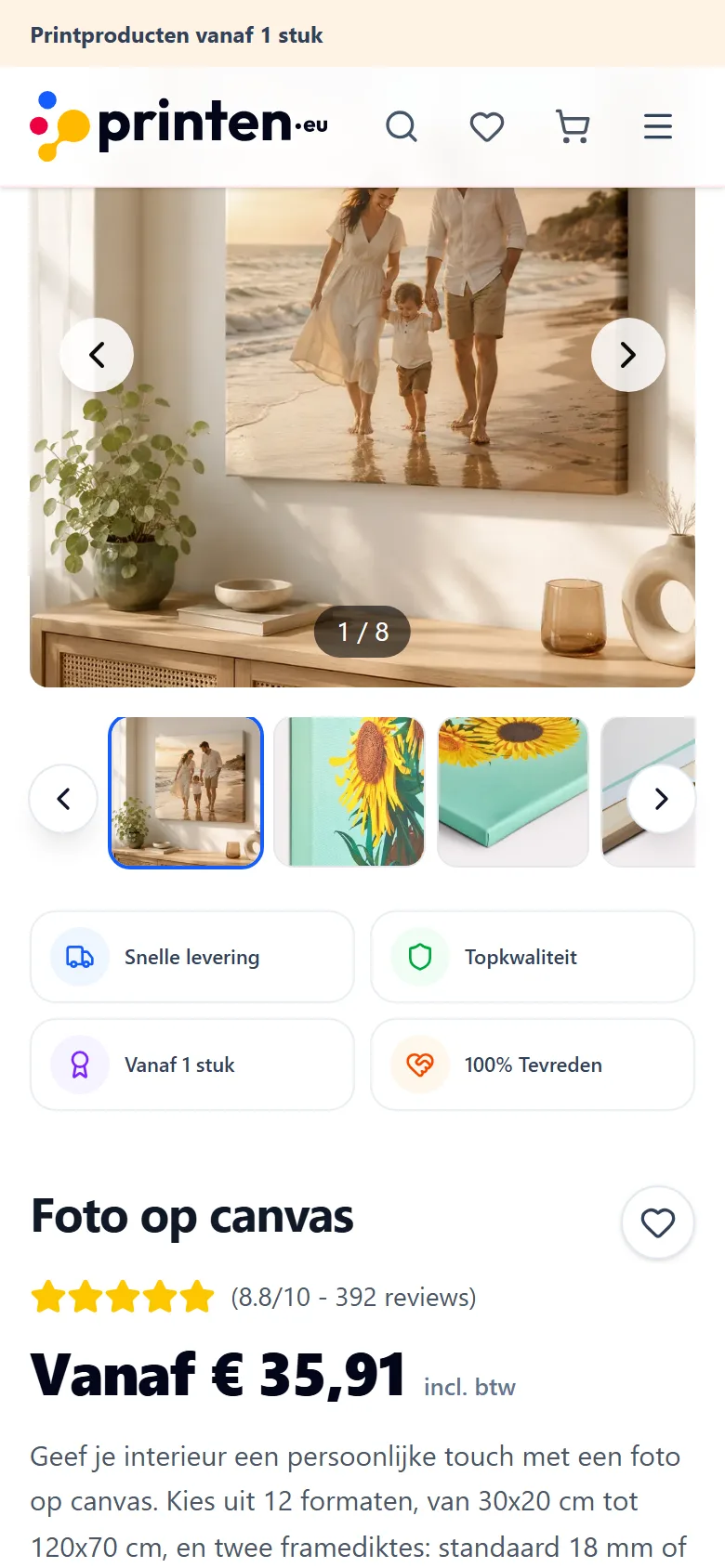 The product page on a phone, with a swipeable gallery, trust badges and a sticky price bar